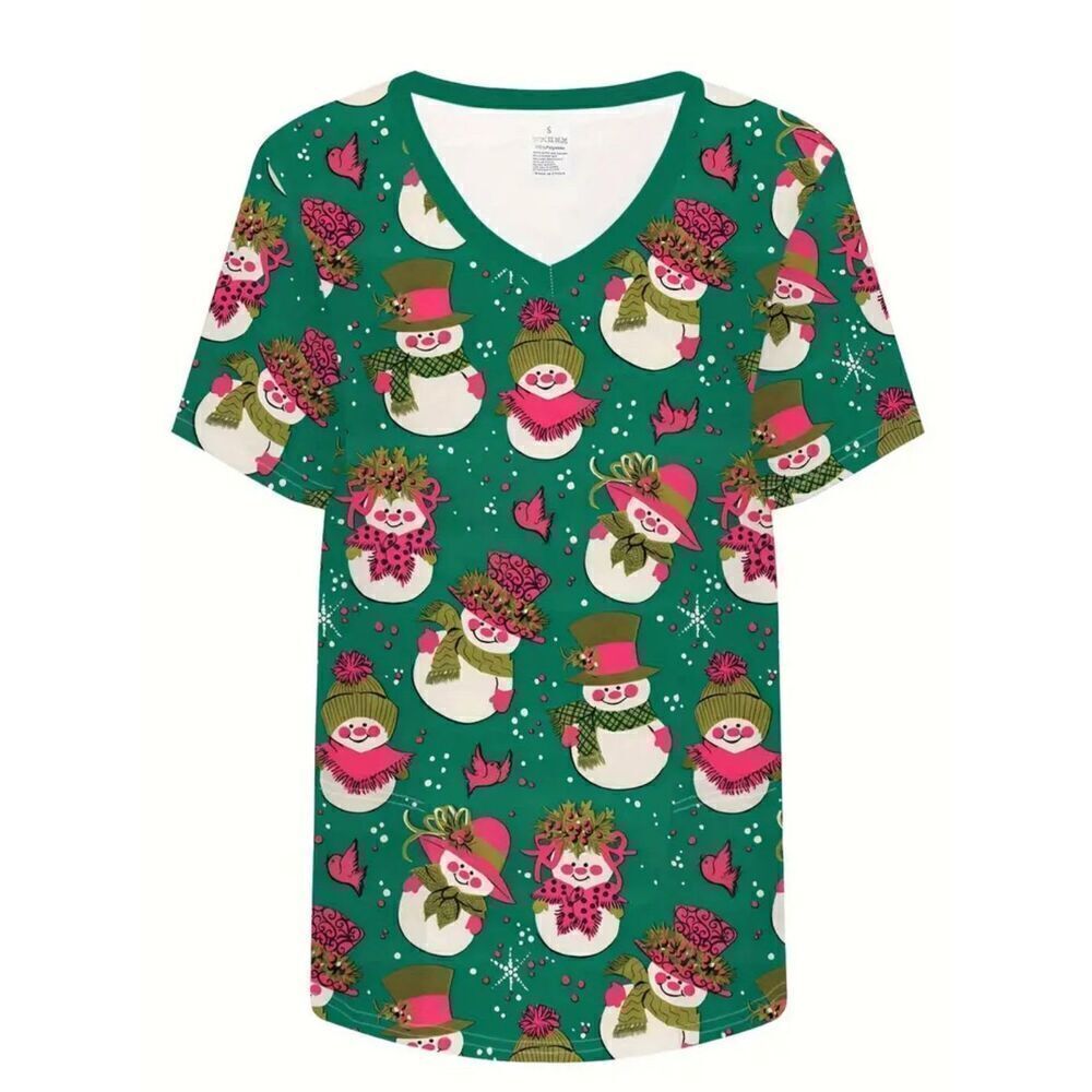 Christmas Scrub top Women’s size Large 12 Snowman Christmas tree Nurse healthcar